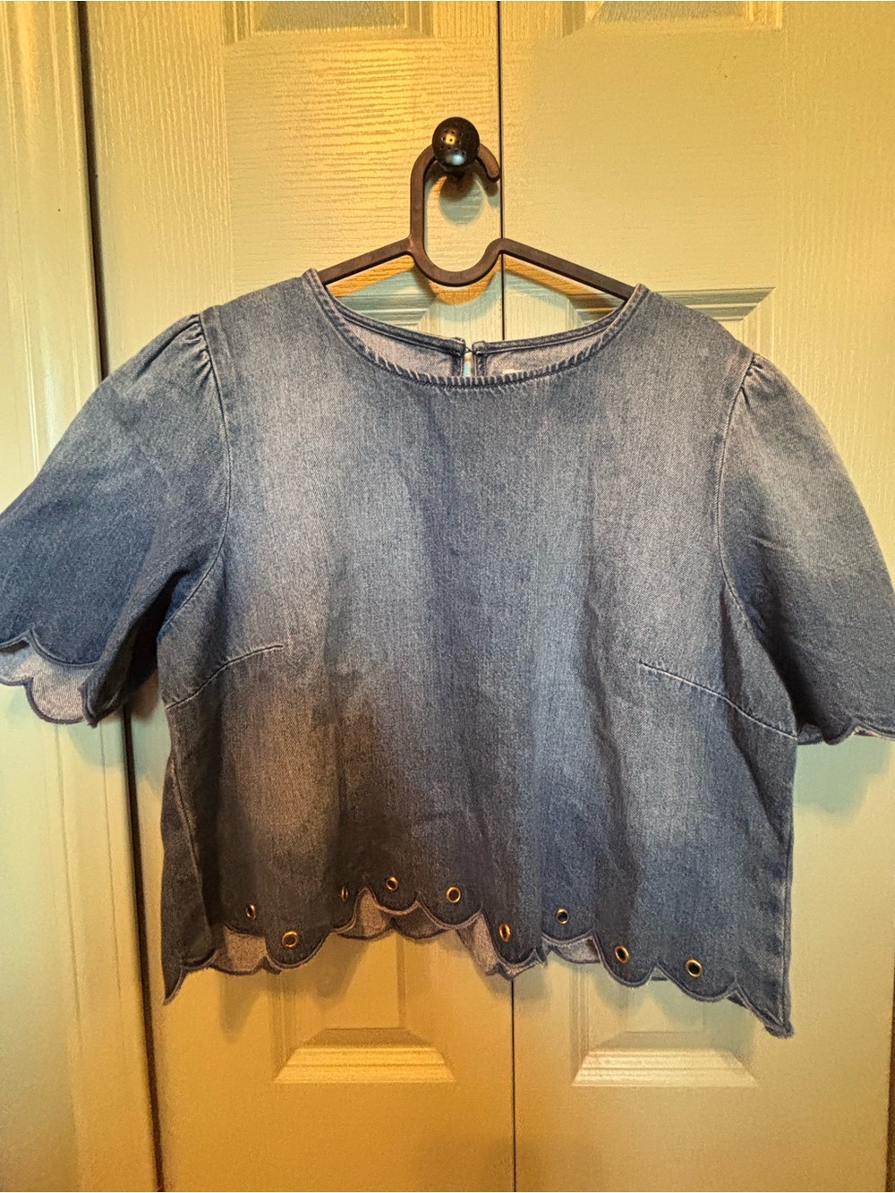 Michael Kors Denim Crop Top with Scalloped Hem - Light Blue